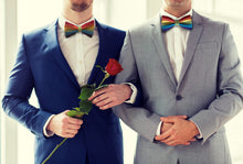 Load image into Gallery viewer, Gay Couple wearing rainbow bow ties