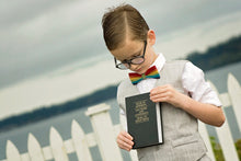 Load image into Gallery viewer, Latter Day Saint Baptism Photoshoot, Book of Mormon, Young Boy Wearing a Rainbow Bow Tie