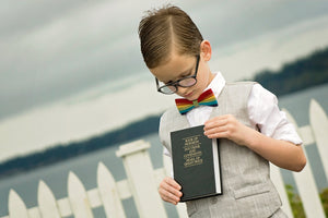 Latter Day Saint Baptism Photoshoot, Book of Mormon, Young Boy Wearing a Rainbow Bow Tie