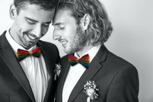 Load image into Gallery viewer, Happy Couple wearing rainbow bow ties, LGBTQ+ engagement photo
